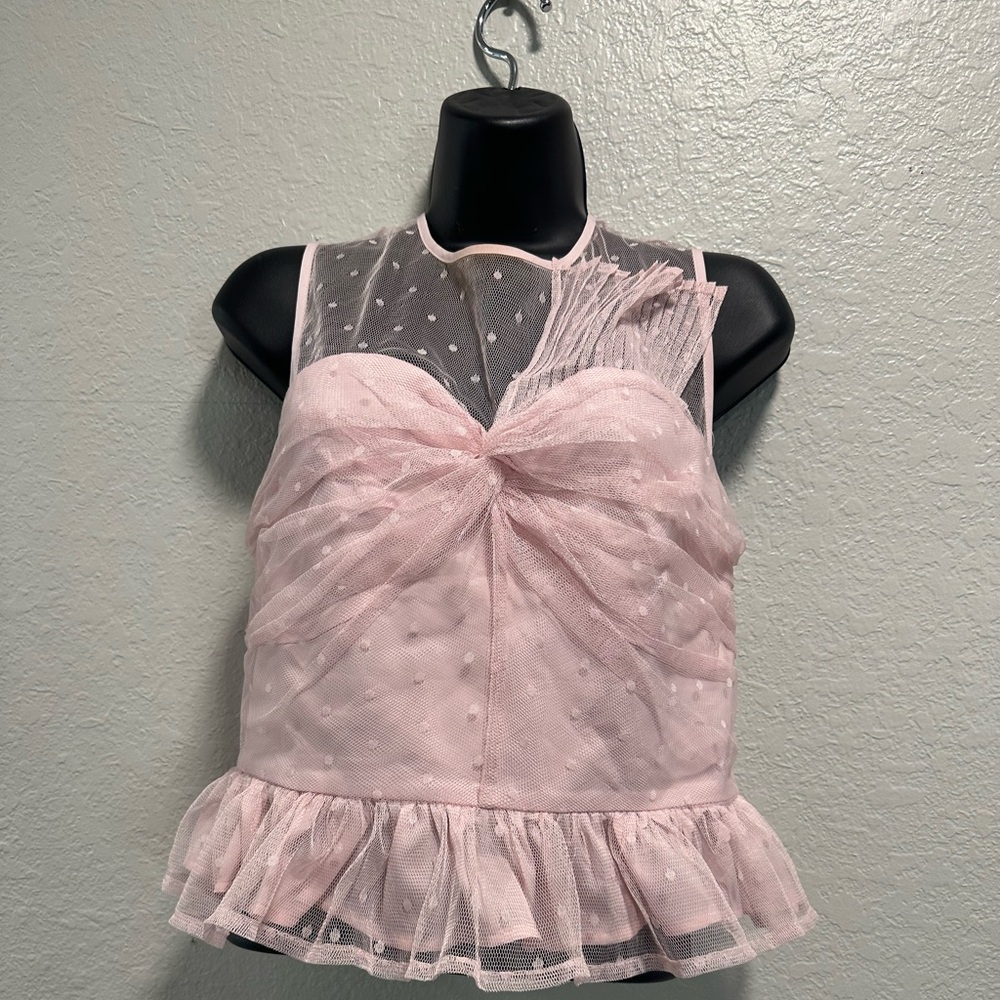 EXPRESS Tulle Polka Dot Twist Front Peplum Tank PINK - Picture 7 of 9